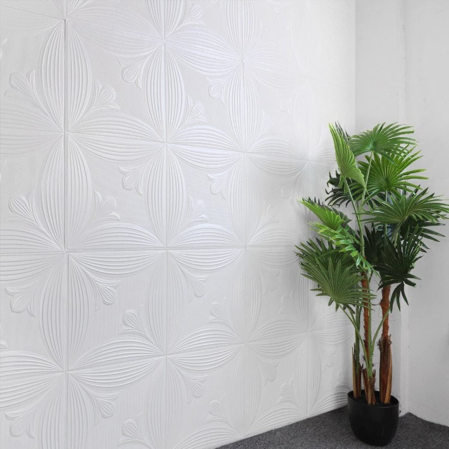 White floral embossed 3D foam wallpaper panel measuring 70Ã70 cm for wall decoration