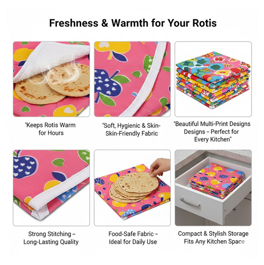 Illustration showcasing the design and benefits of the Tidy Table roti cover.