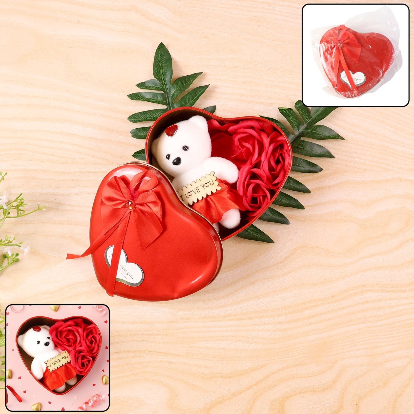 Heart shaped Valentineâs gift box featuring a teddy bear and scented roses