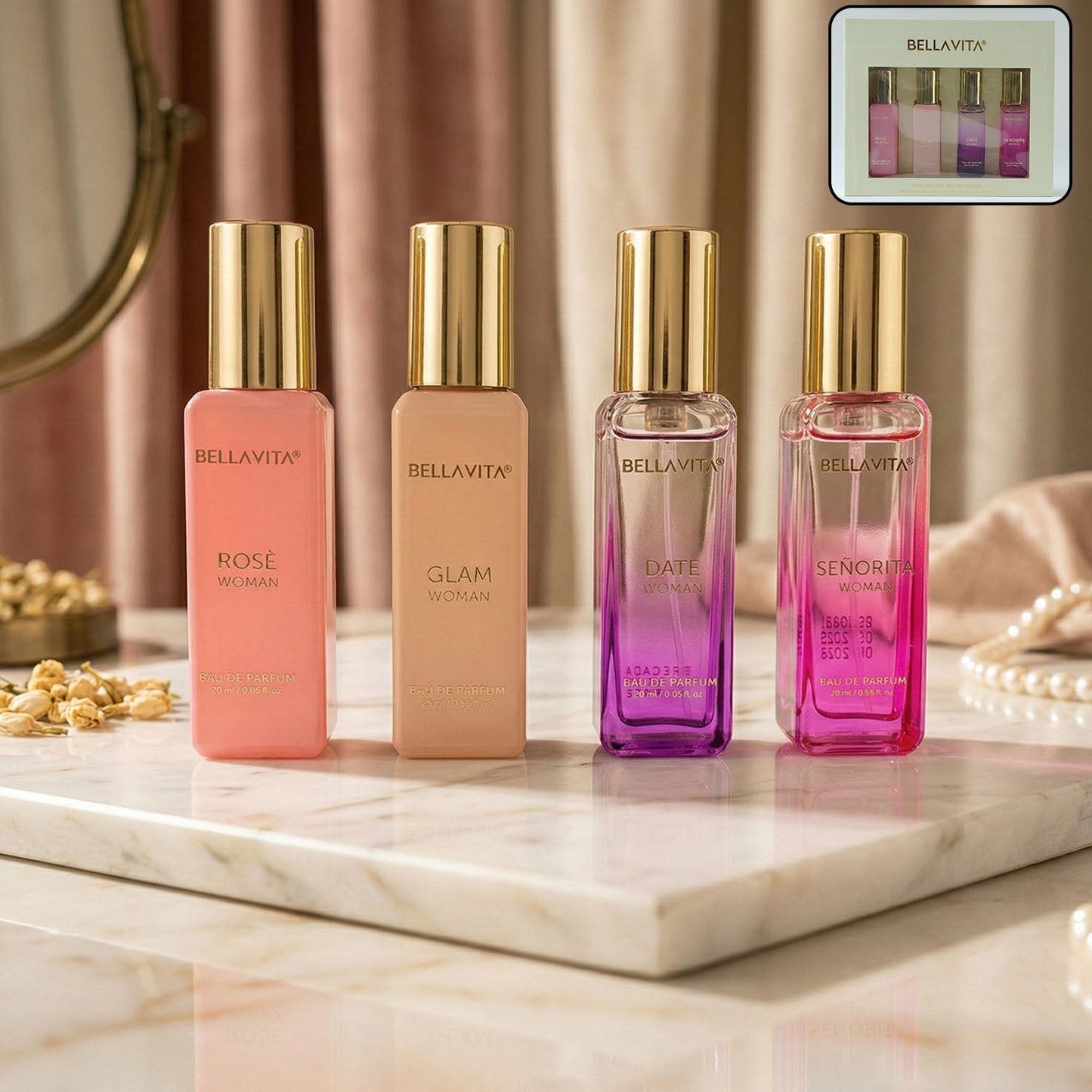 Luxury womenâs perfume gift set with four fragrances and elegant packaging