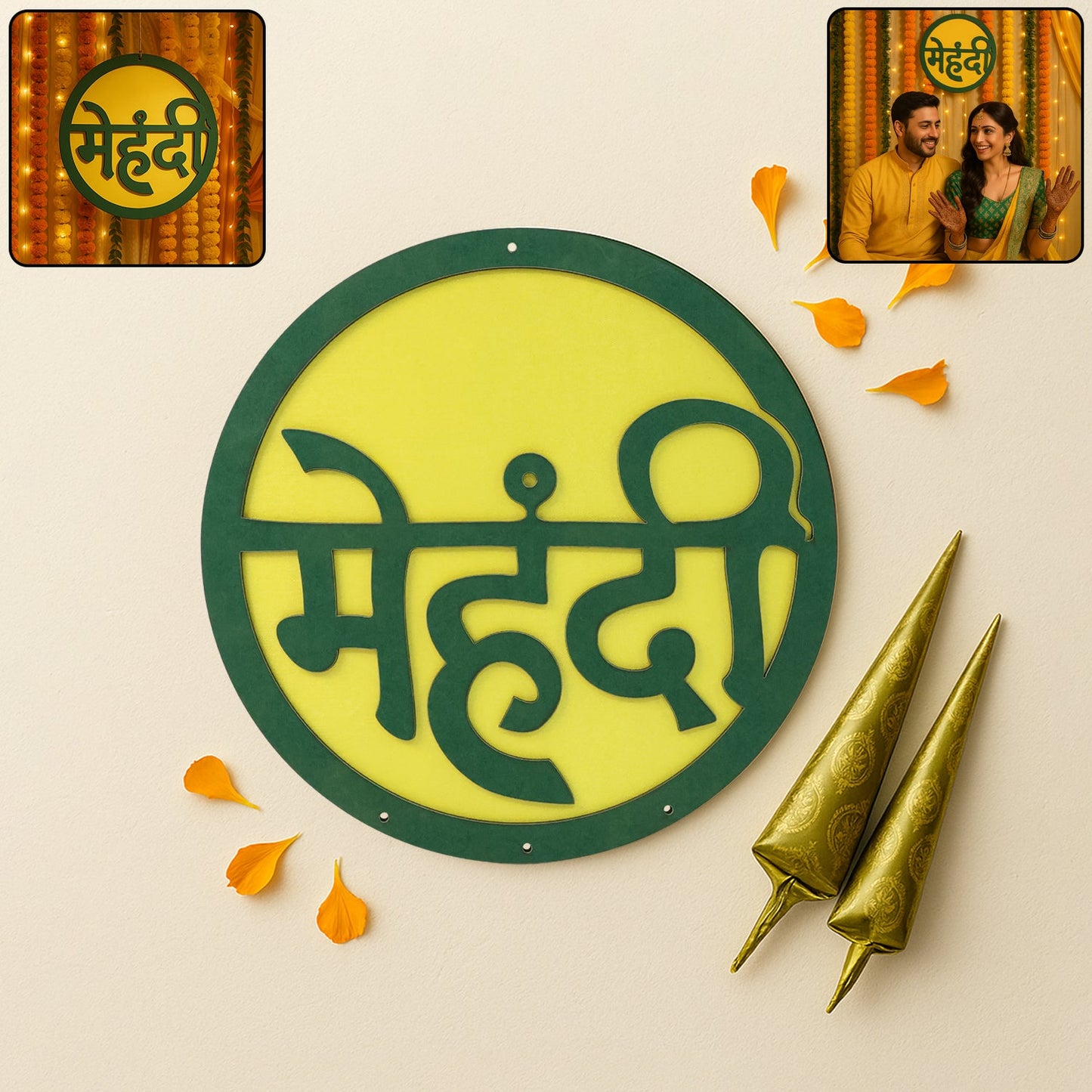 Round Mehndi ceremony wall hanging with Hindi मà¥à¤¹à¤à¤¦à¥ lettering for wedding décor