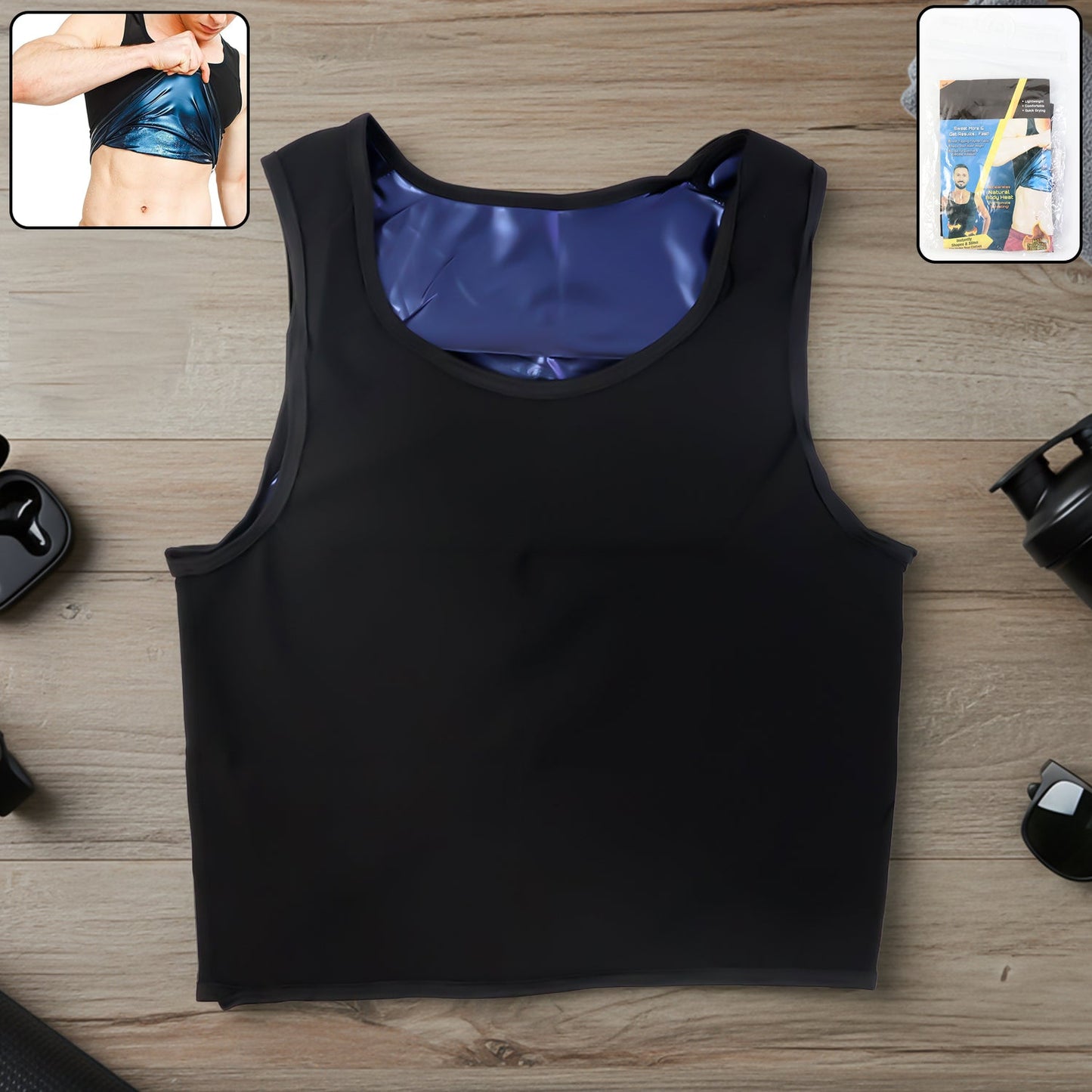 Front view of menâs slim fit neoprene sweat shaper tank top