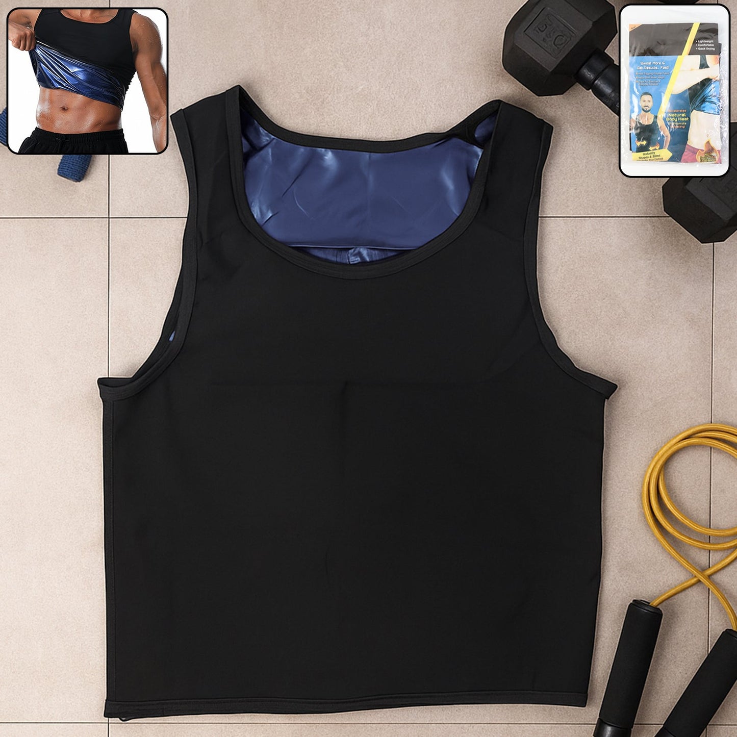 Front view of menâs slim fit sweat shaper tank top in neoprene