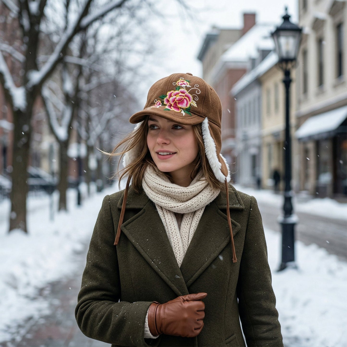 Winter casual womenâs ear flap cap with floral embroidery and adjustable tie strings