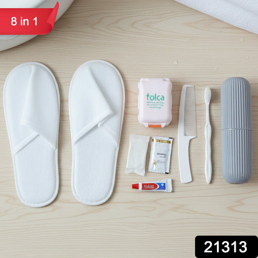 Close-up of essential items inside the travel grooming kit for hygiene and personal care