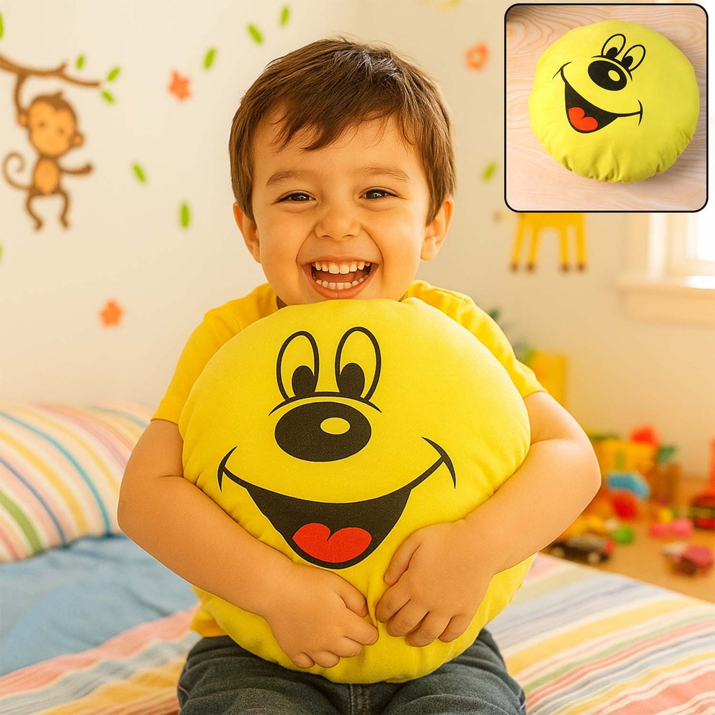 Soft plush smiley face pillow cushion that adds cheer to kidsâ room decor