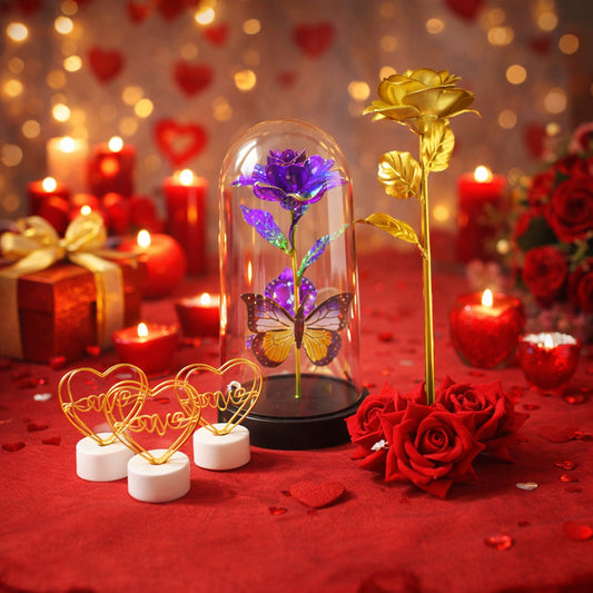 Glass dome rose romantic gift set with heart-shaped LED dÃ©cor