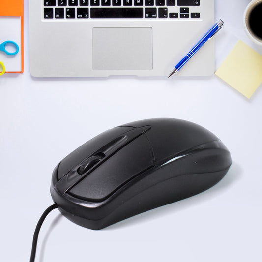 Side profile of the ergonomic wired optical mouse, showing its sleek contour for extended use.