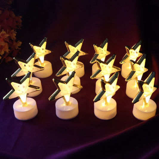 Set of star shaped flameless LED candles with golden outlines for elegant home dÃ©cor