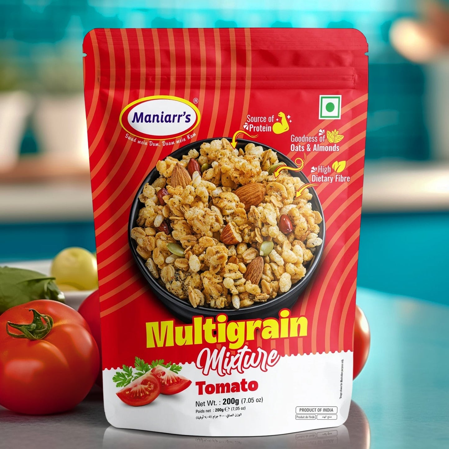 Close-up of Maniarr's Tomato Roasted Multigrain Mixture, highlighting its crunchy texture and tomato seasoning.