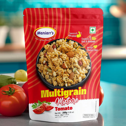 Close-up of Maniarr's Tomato Roasted Multigrain Mixture, highlighting its crunchy texture and tomato seasoning.