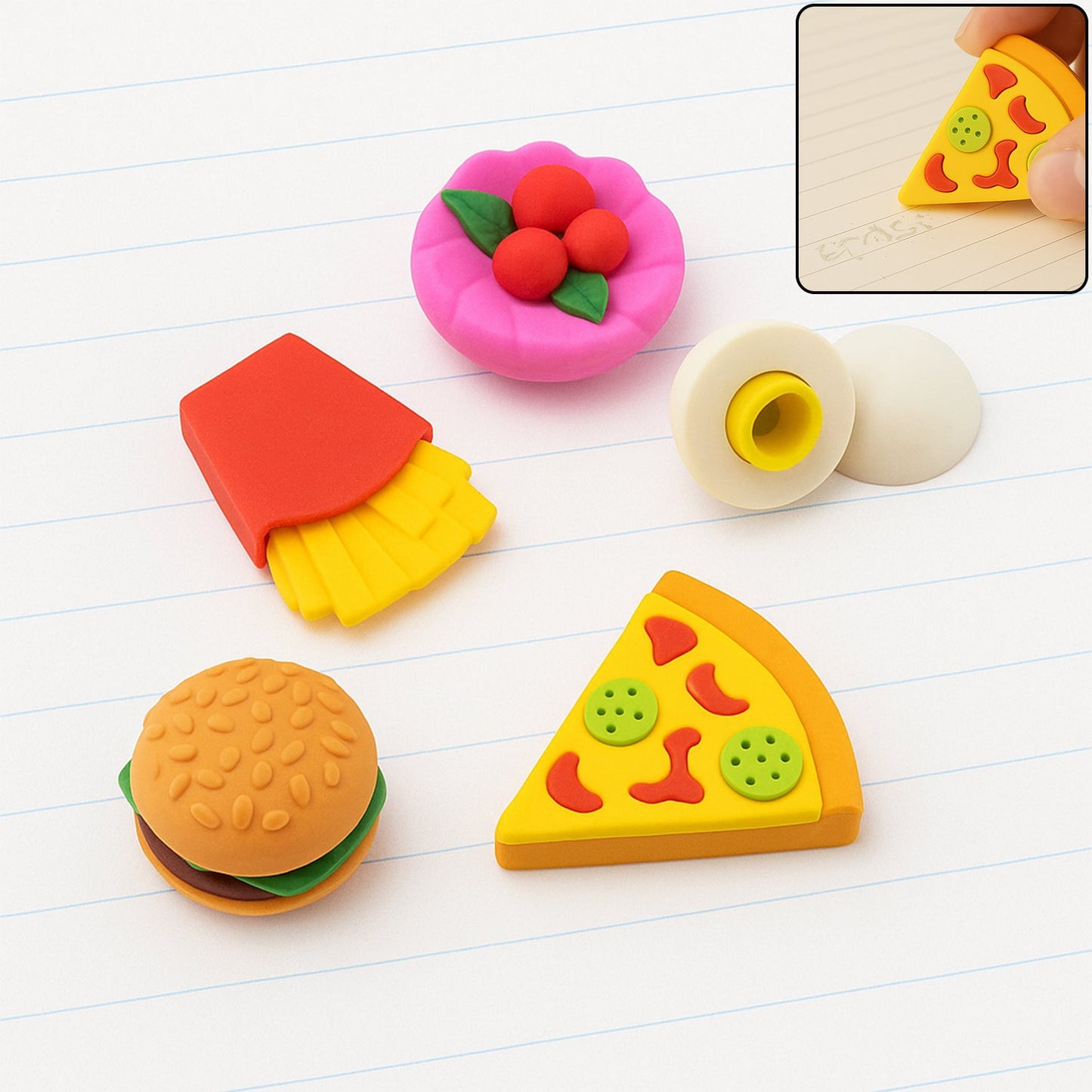3D Food-Shaped Colorful Eraser Set ? Cute Novelty Mini Erasers for Kids (5 Pc Set)