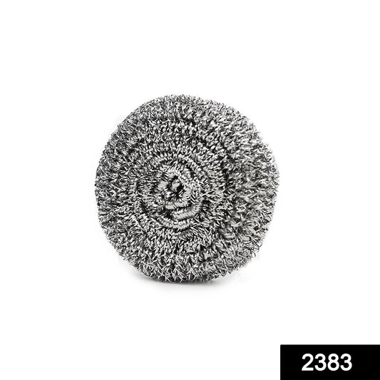A round stainless steel scrubber designed for effective utensil and kitchenware cleaning.