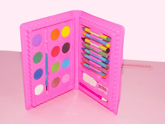 Kids Art Set in a colourful box, open to show 24 pieces of crayons, watercolours, and tools.
