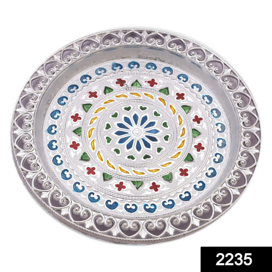 Silver plated pooja thali with a subtle design, enhancing your festive rituals.