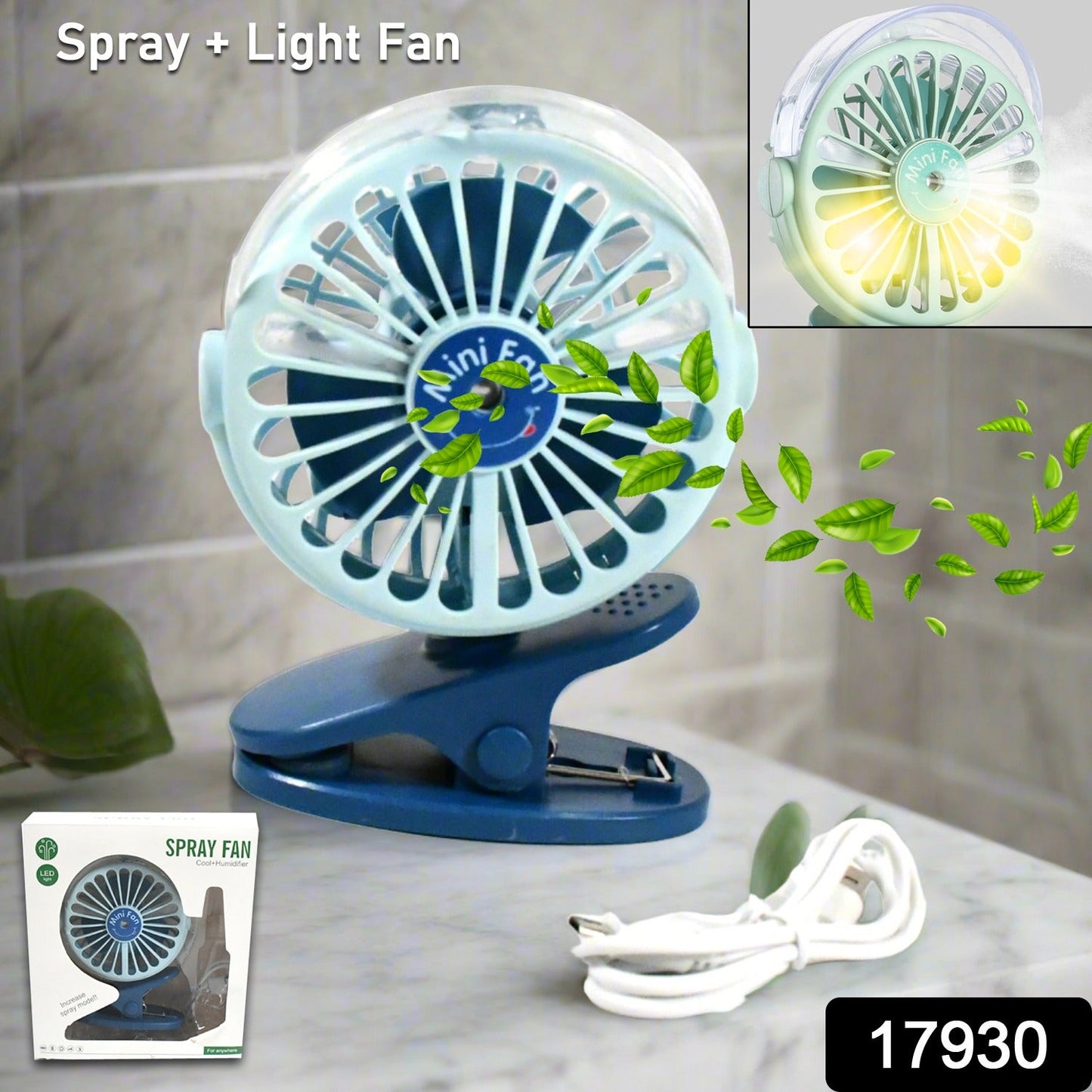 Portable Clip-on Fan, Battery Operated, With Light & Spray, Small Yet Powerful USB Table Fan, 3-Speed Quiet Rechargeable Mini Desk Fan, 360Â° Rotation, Personal Cooling Fan for Home, Office, Camping