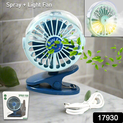Portable Clip-on Fan, Battery Operated, With Light & Spray, Small Yet Powerful USB Table Fan, 3-Speed Quiet Rechargeable Mini Desk Fan, 360Â° Rotation, Personal Cooling Fan for Home, Office, Camping