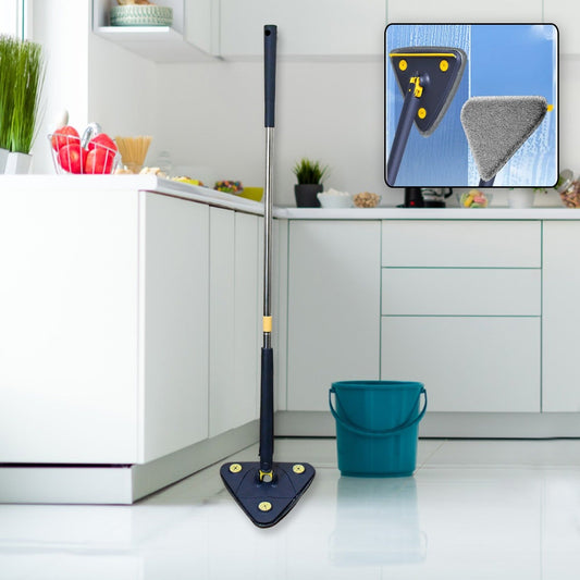 Triangle Cleaning Mop with 360Â° rotatable head and long stainless steel handle.