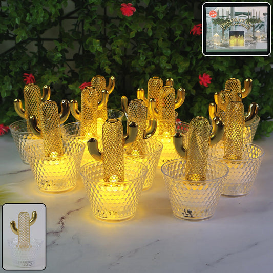 Set of 12 cactus shaped LED tealight candles with transparent holders for home dÃ©cor