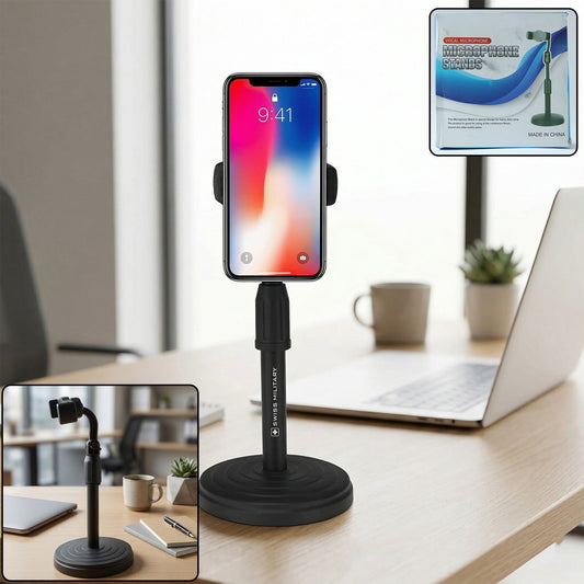 Adjustable 360Â° rotating mobile phone holder with heavy base on desk