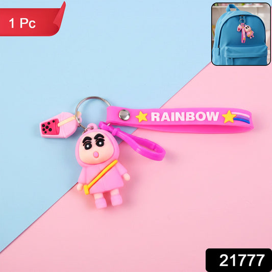 Close-up of vibrant rainbow strap on cartoon keychain for bags