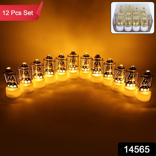 Close-up of decorative flameless LED candles with vintage lantern design