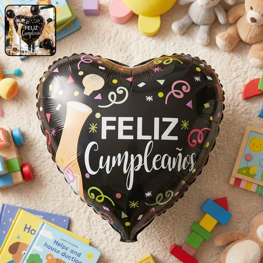 Black heart Feliz Cumpleaos foil balloon for celebration